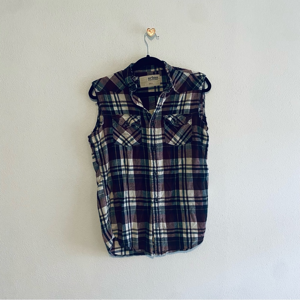 Urban Pipeline maroon cutoff plaid button down shirt